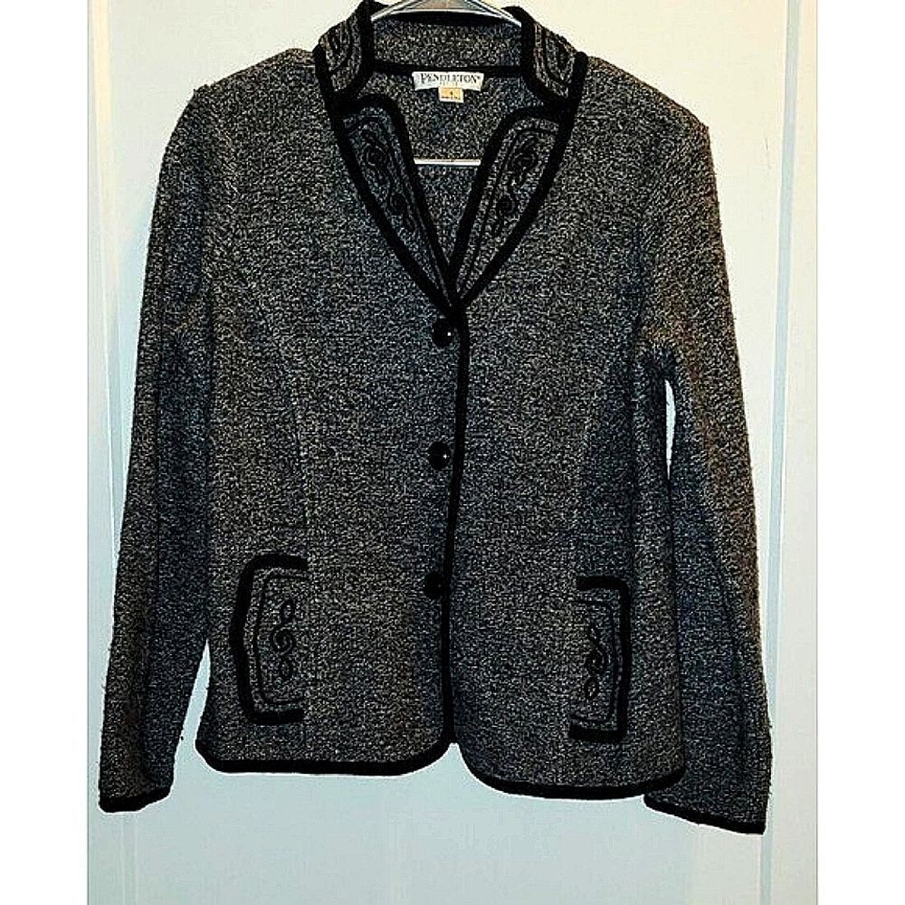 Pendleton Wool Grey Black Floral Embroidered Jacket Blazer Size S P